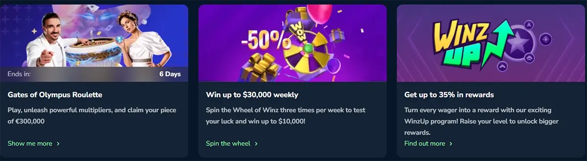 Promotional banners for Winz.io featuring the Gates of Olympus Roulette tournament, a weekly Wheel of Winz prize opportunity, and the WinzUp rewards program.