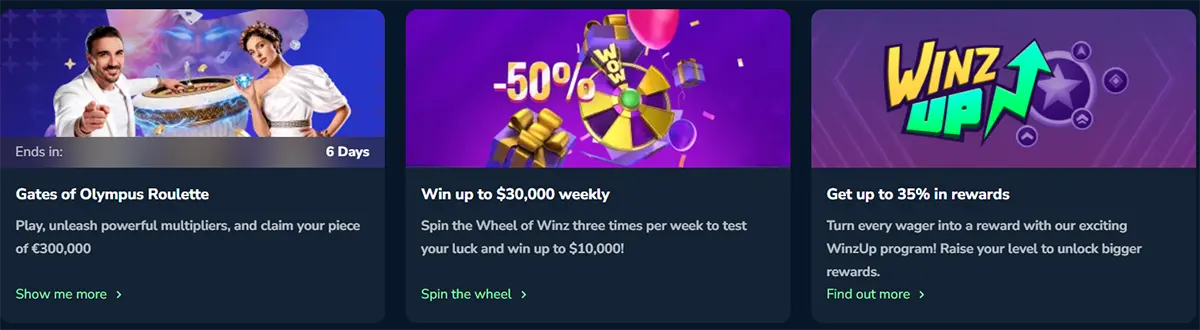 Promotional banners for Winz.io featuring the Gates of Olympus Roulette tournament, a weekly Wheel of Winz prize opportunity, and the WinzUp rewards program.