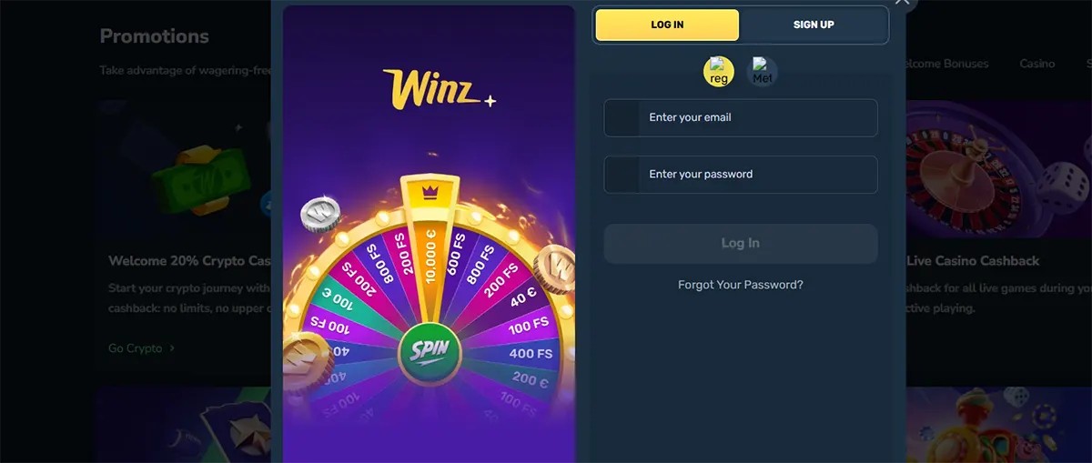 The Winz.io login modal features a secure 