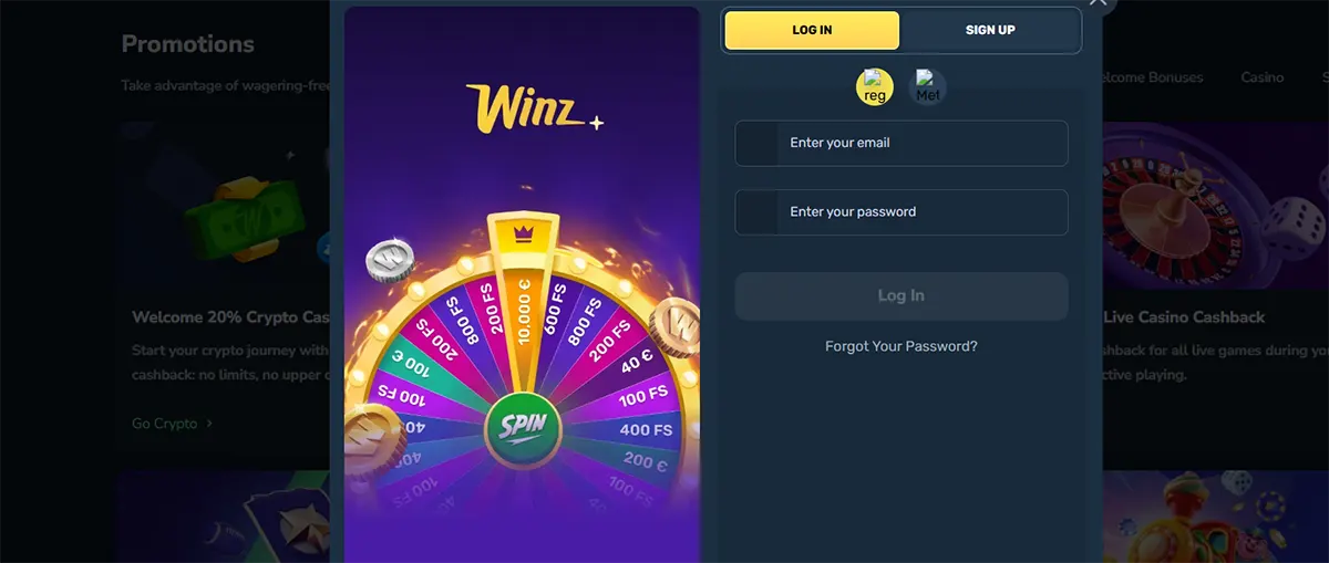 The Winz.io login modal features a secure 